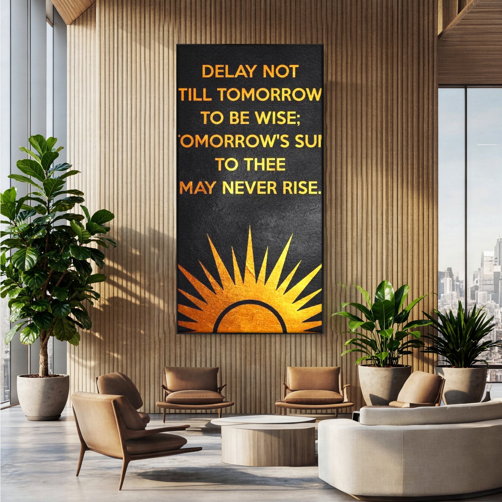 Tablou canvas cu tablou canvas motiv motivational negru si auriu, in rama de aluminiu negru, pe perete intr-un birou